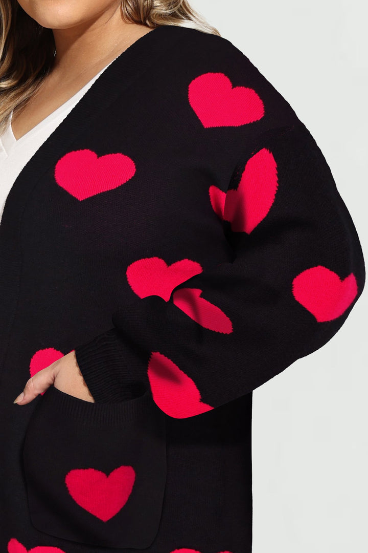 Pockets Open Front Heart-Patterned Knit Cardigan