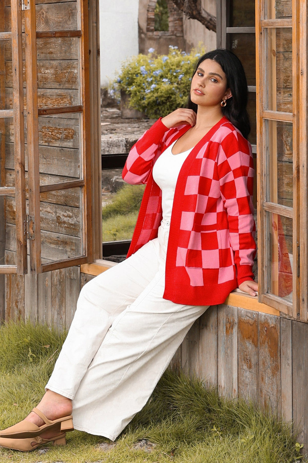 Pockets Open Front Checkered Knit Cardigan