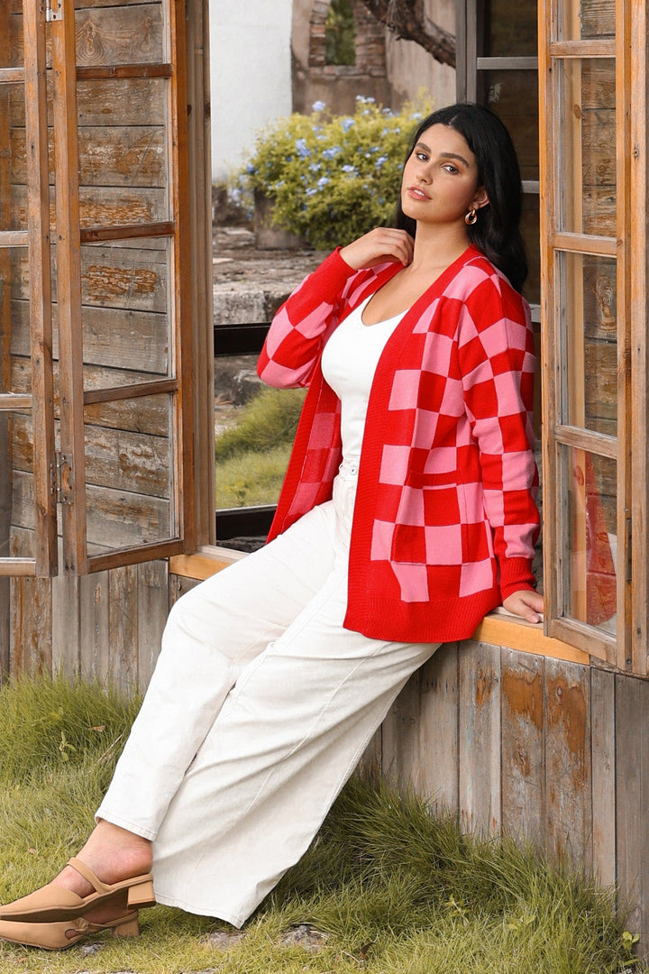 Pockets Open Front Checkered Knit Cardigan