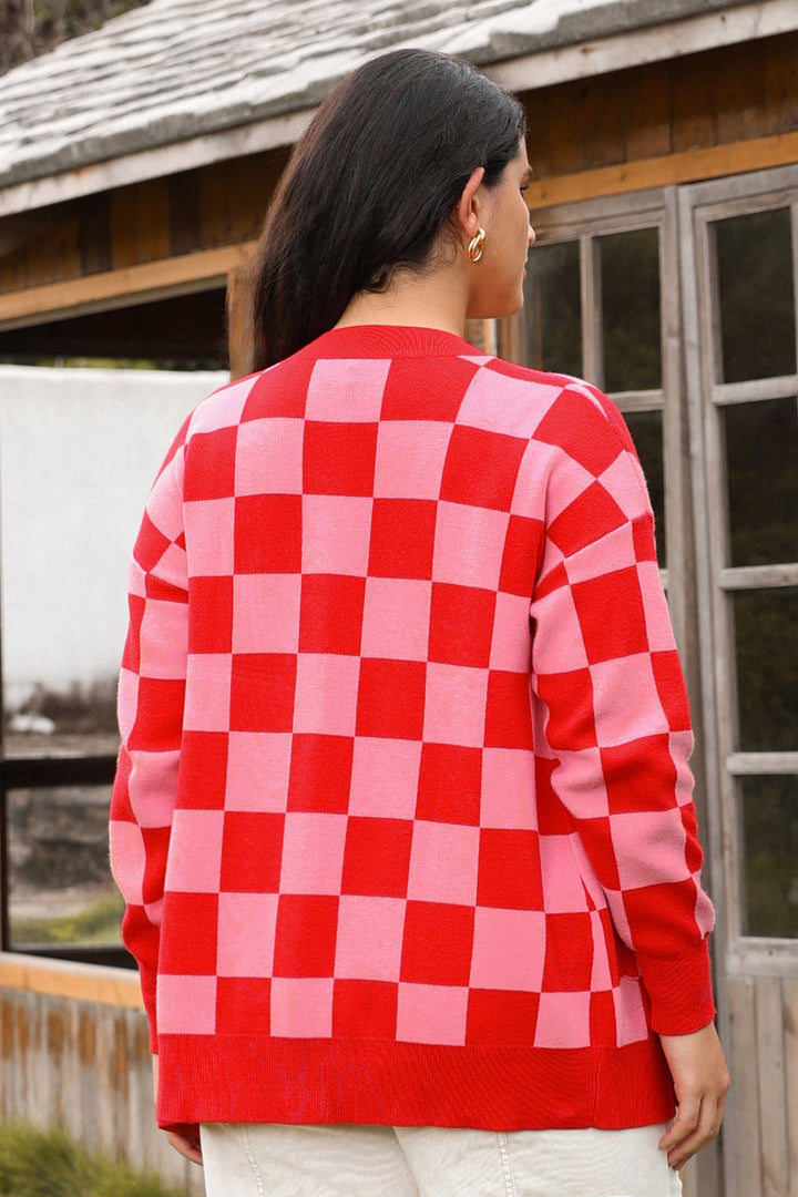 Pockets Open Front Checkered Knit Cardigan