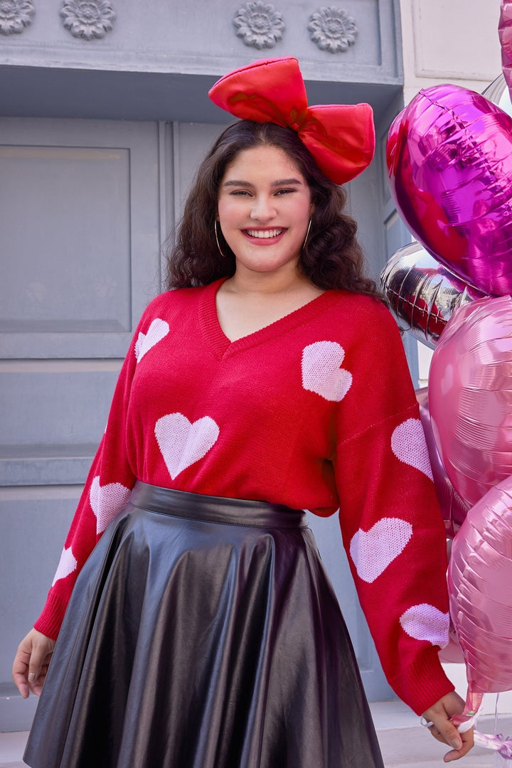Hearts Print Knit V-neck Sweater