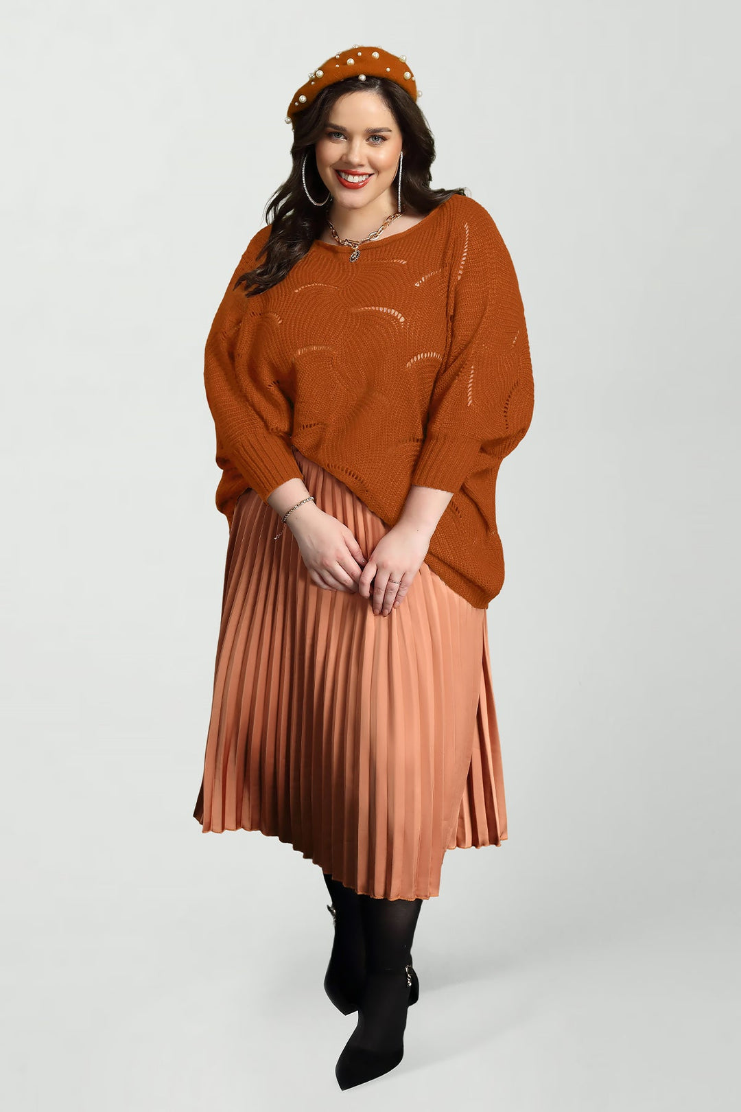 Solid Hollow Out Batwing Cashmere Knit Sweater