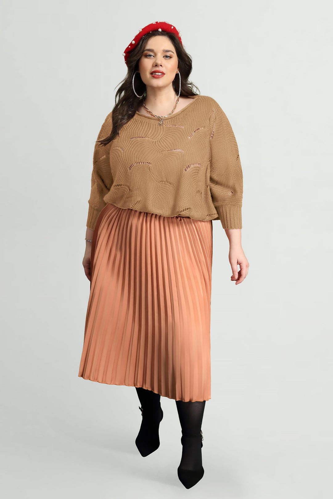 Solid Hollow Out Batwing Cashmere Knit Sweater