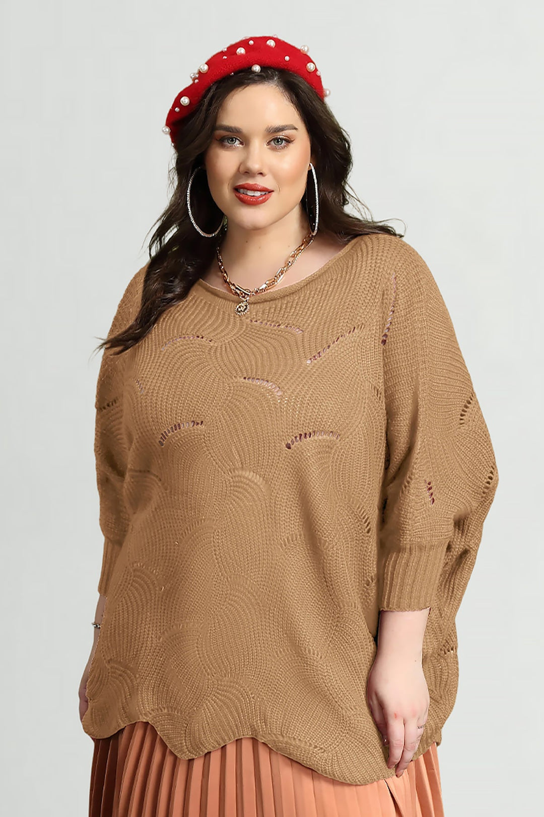 Solid Hollow Out Batwing Cashmere Knit Sweater