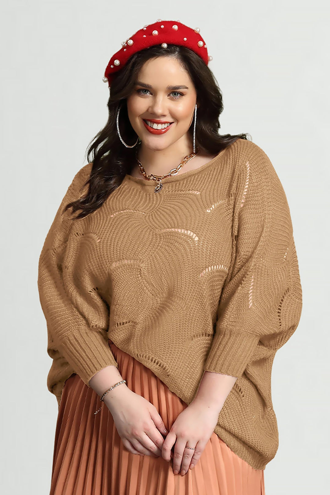 Solid Hollow Out Batwing Cashmere Knit Sweater