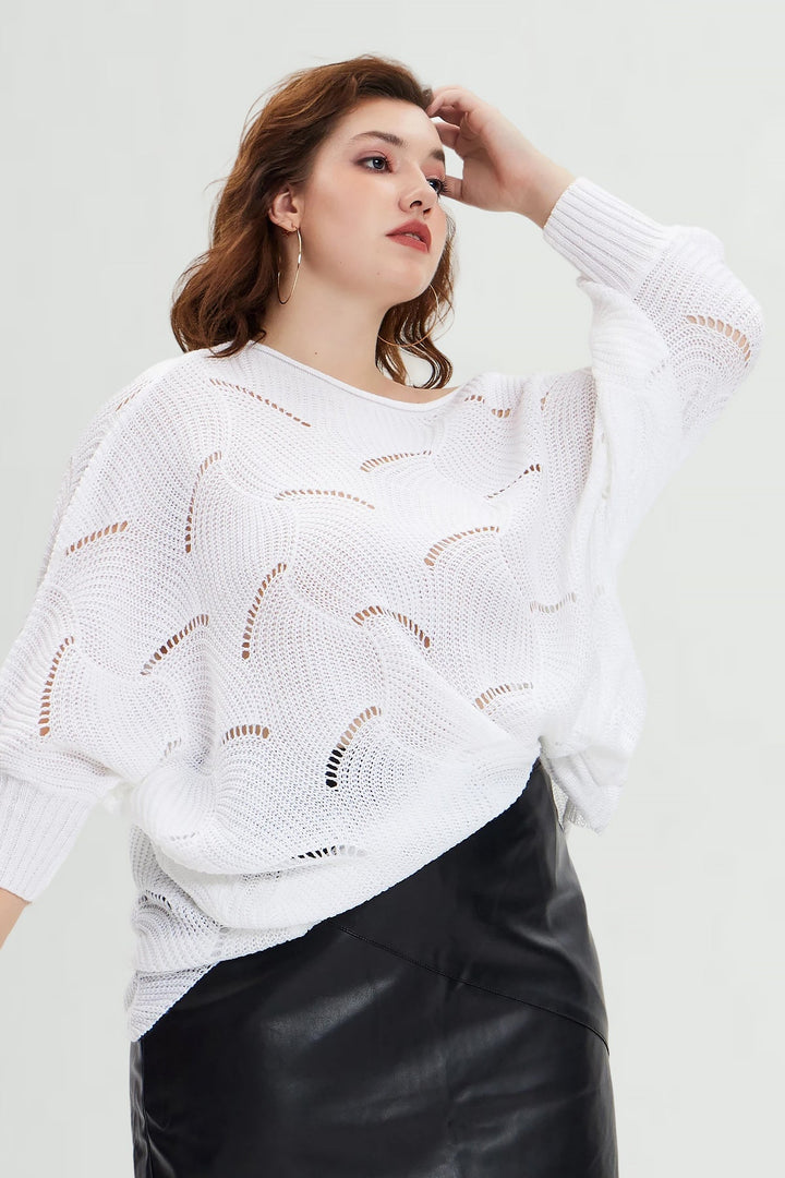 Solid Hollow Out Batwing Cashmere Knit Sweater