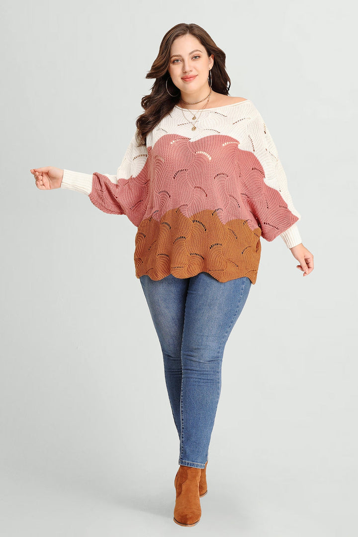 Cozy Color Block Hollow Out Batwing Knit Sweater