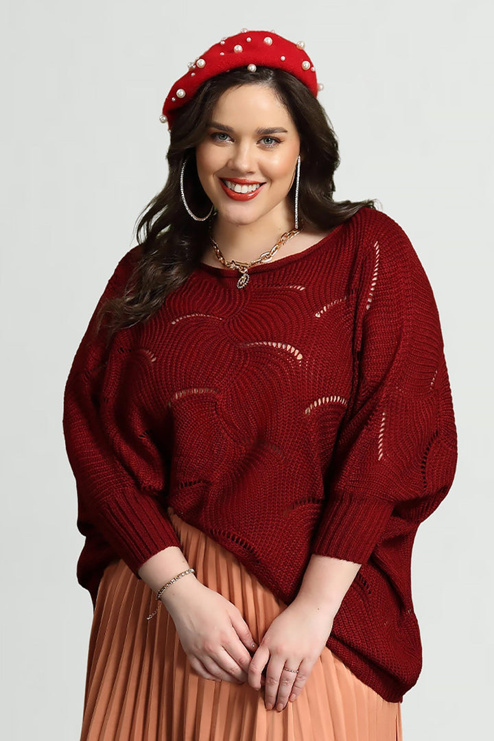 Solid Hollow Out Batwing Cashmere Knit Sweater