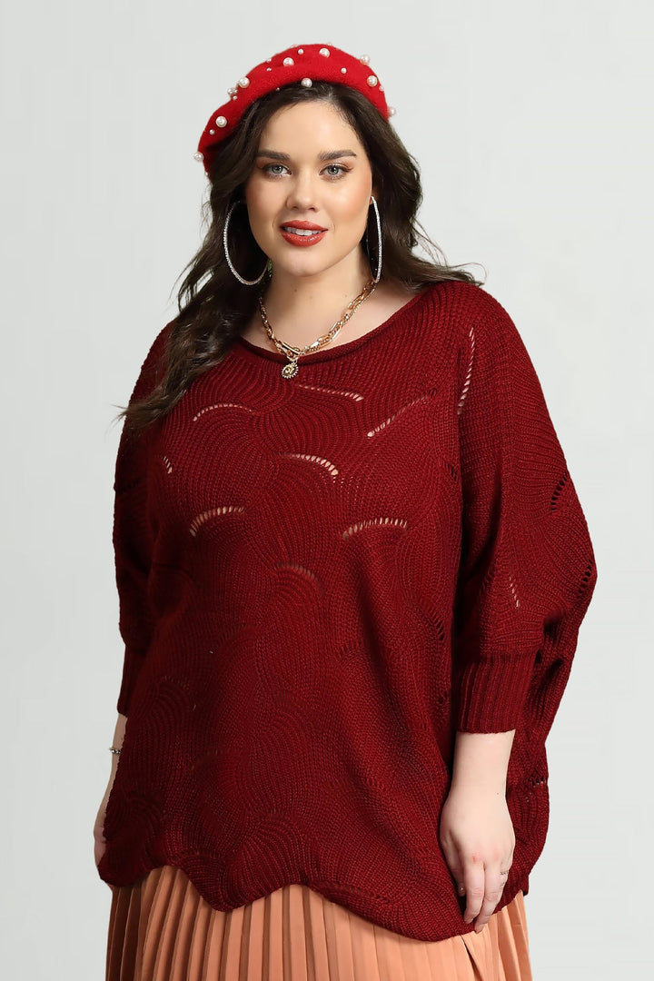 Solid Hollow Out Batwing Cashmere Knit Sweater