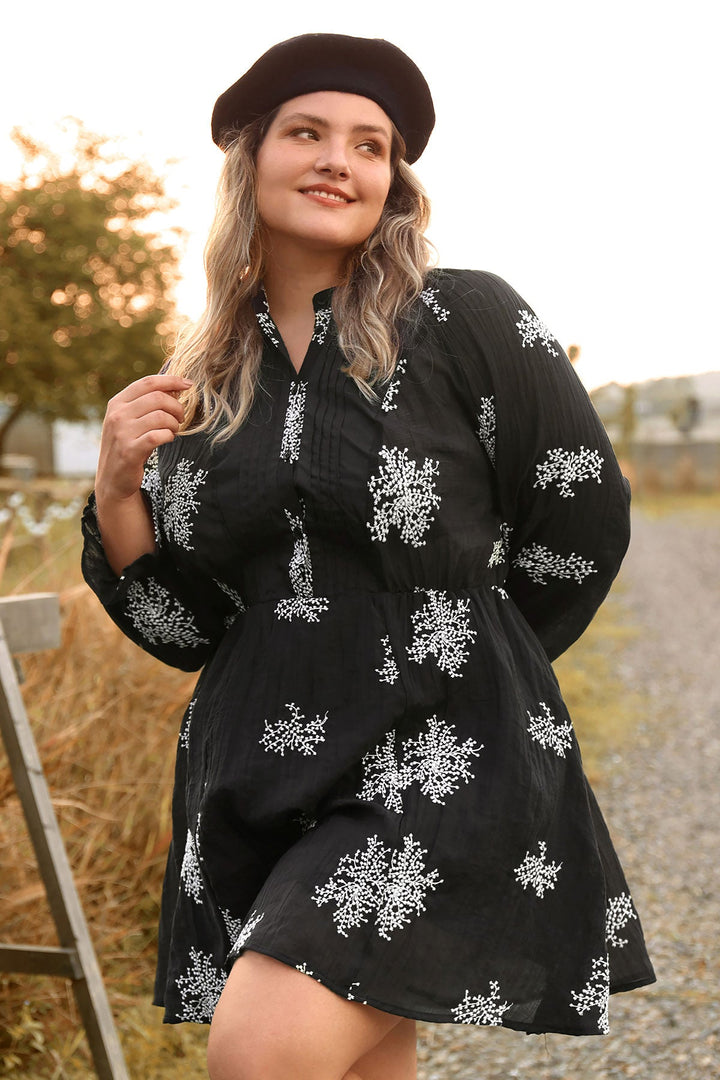 Snowflake Print Split Neck Button Down Mini Dress