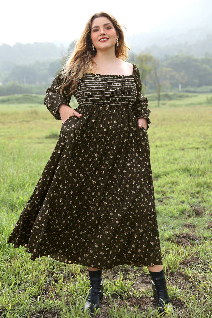 Pocket Floral Print Square Neck Tiered Maxi Dress