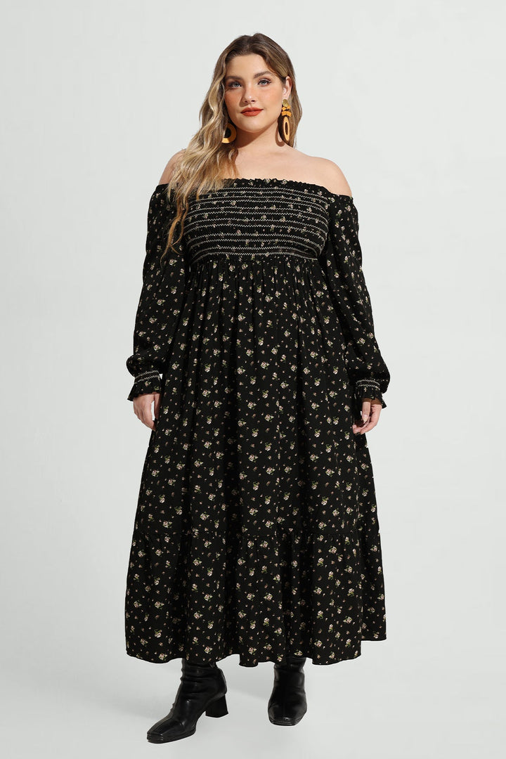 Pocket Floral Print Elastic Waist Shirred Maxi Dress