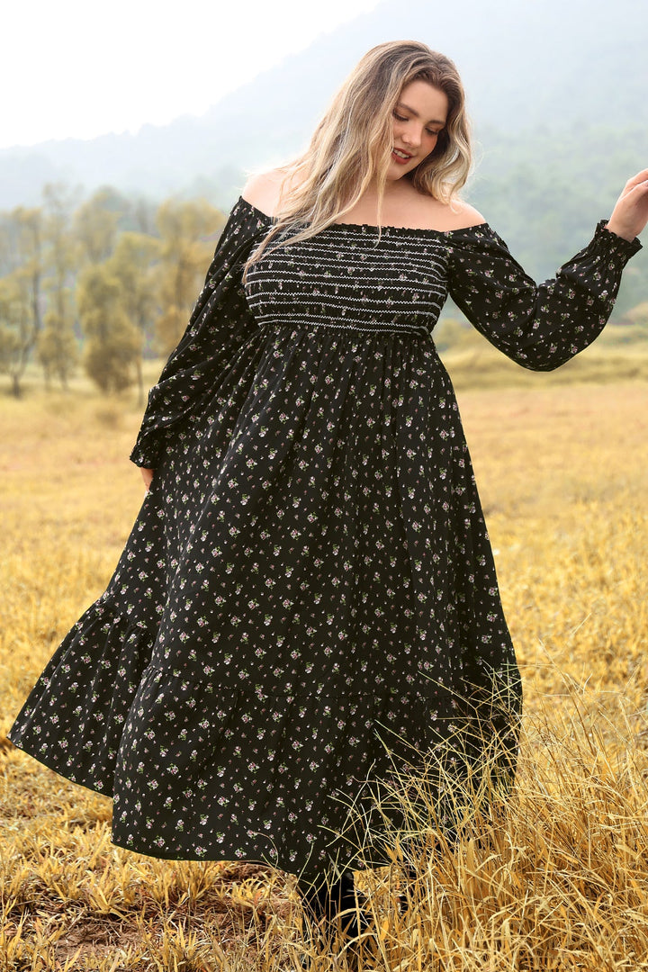 Pocket Floral Print Elastic Waist Shirred Maxi Dress