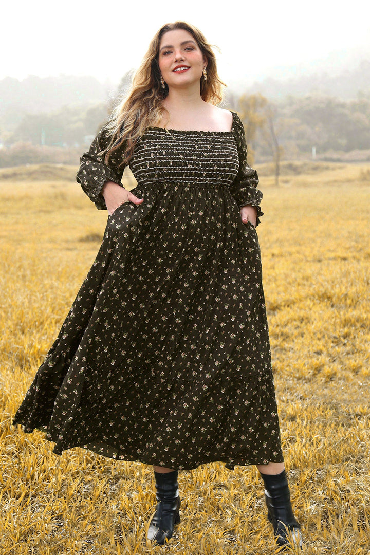 Pocket Floral Print Elastic Waist Shirred Maxi Dress