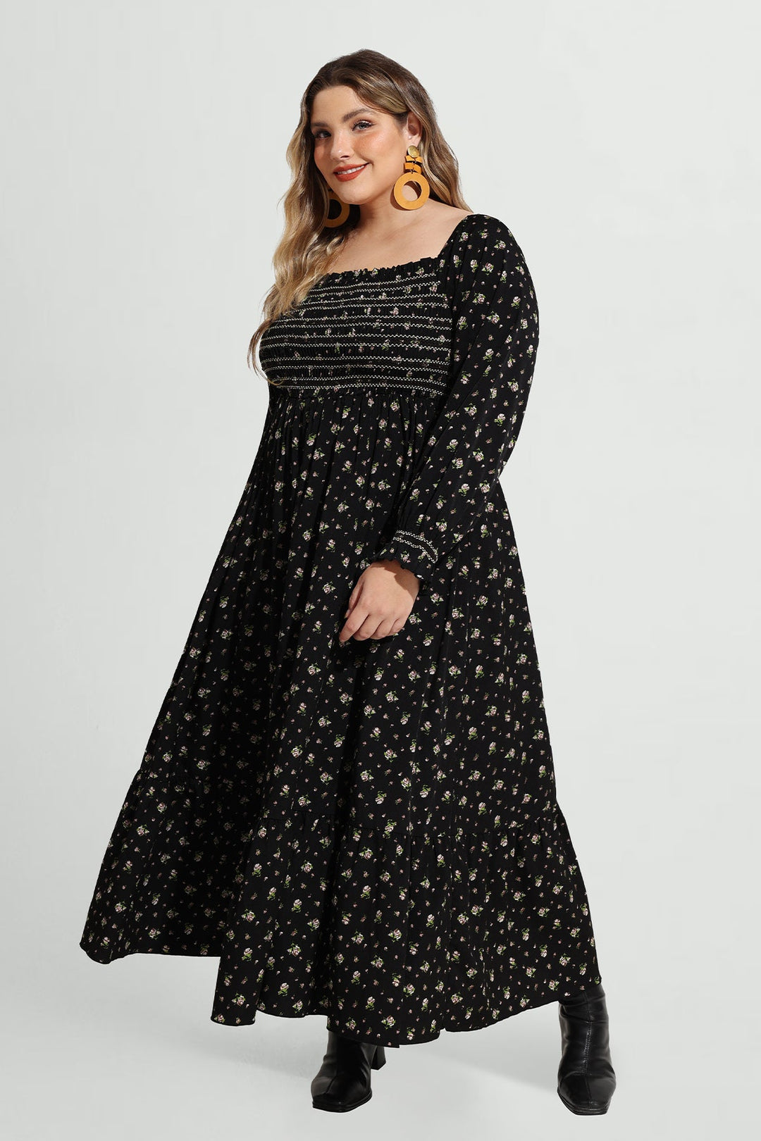 Pocket Floral Print Elastic Waist Shirred Maxi Dress