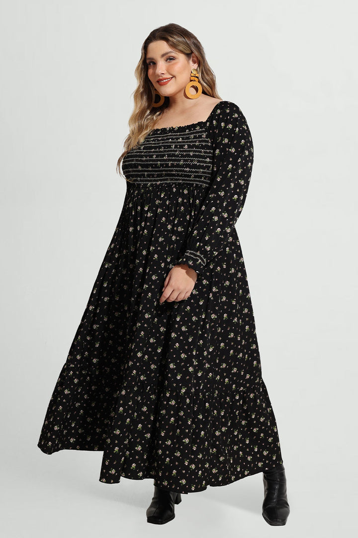 Pocket Floral Print Elastic Waist Shirred Maxi Dress