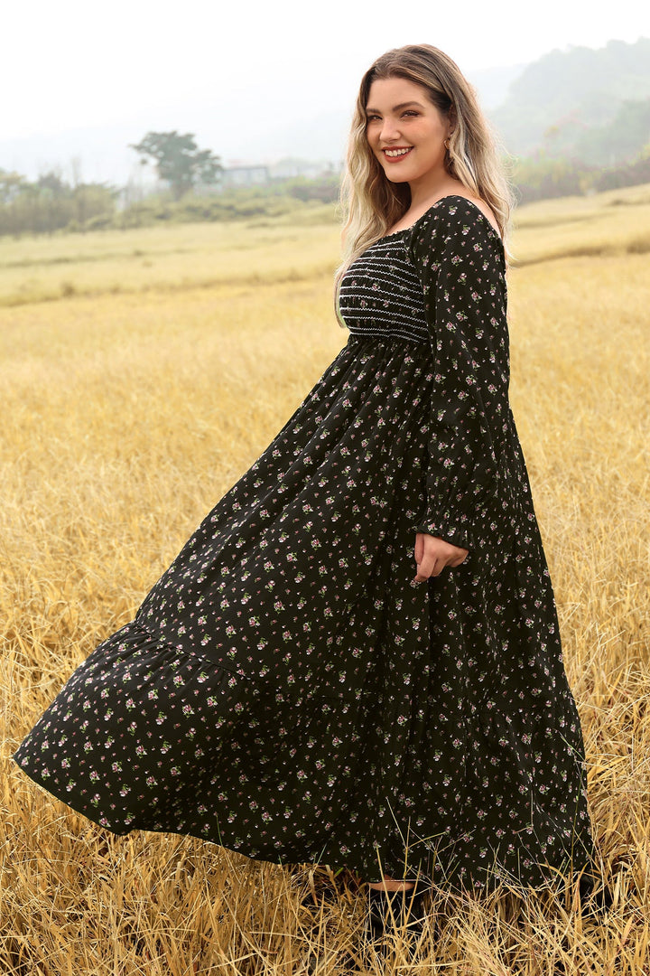 Pocket Floral Print Elastic Waist Shirred Maxi Dress