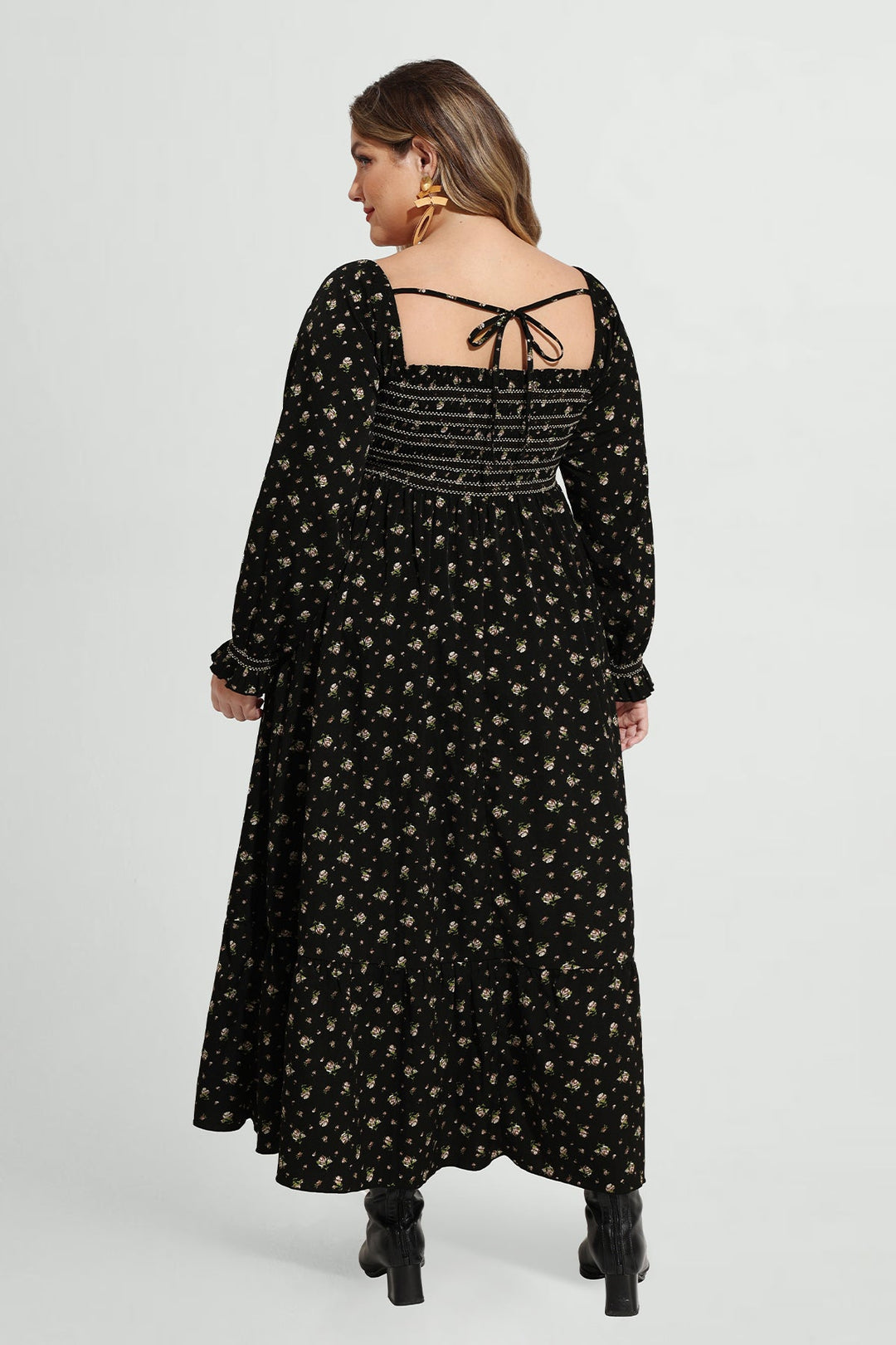 Pocket Floral Print Square Neck Tiered Maxi Dress