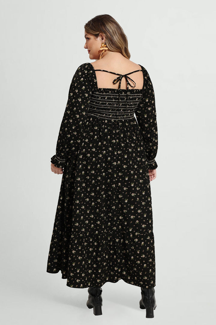 Pocket Floral Print Elastic Waist Shirred Maxi Dress