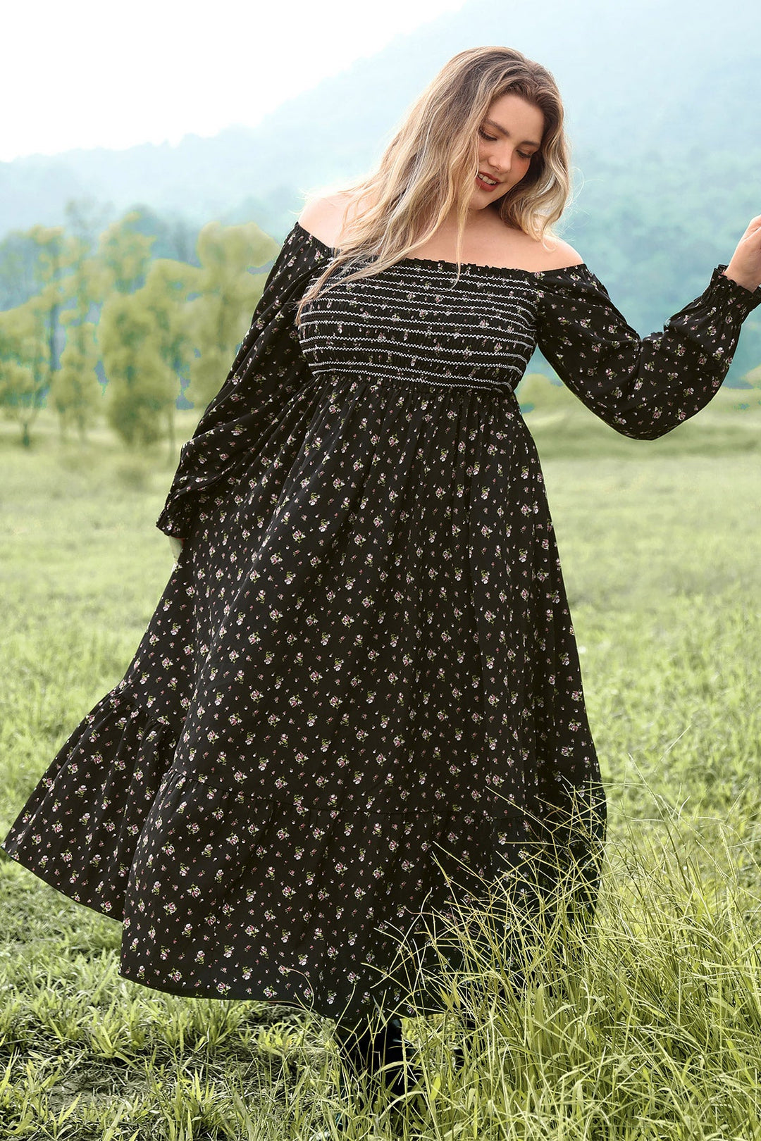 Pocket Floral Print Square Neck Tiered Maxi Dress