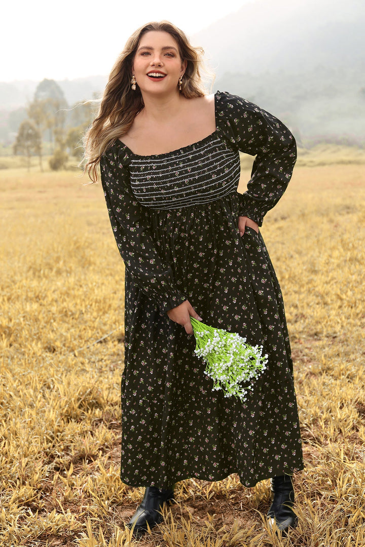 Pocket Floral Print Elastic Waist Shirred Maxi Dress