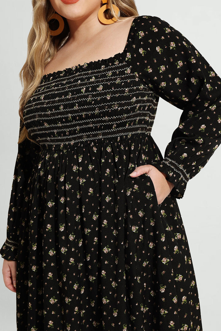 Pocket Floral Print Elastic Waist Shirred Maxi Dress