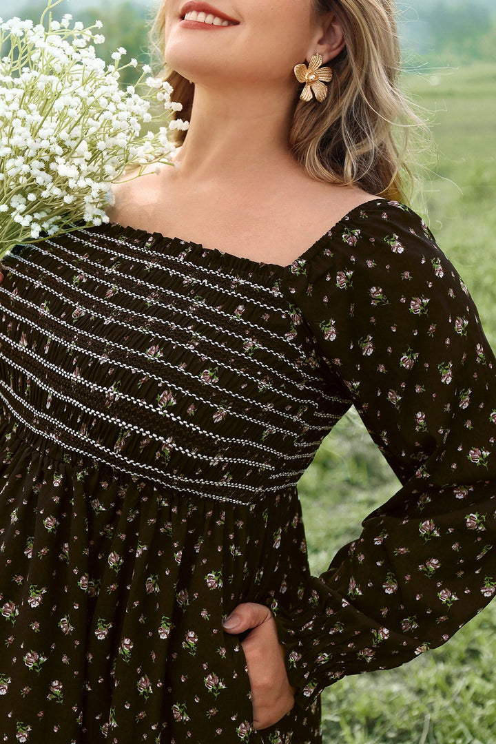 Pocket Floral Print Square Neck Tiered Maxi Dress