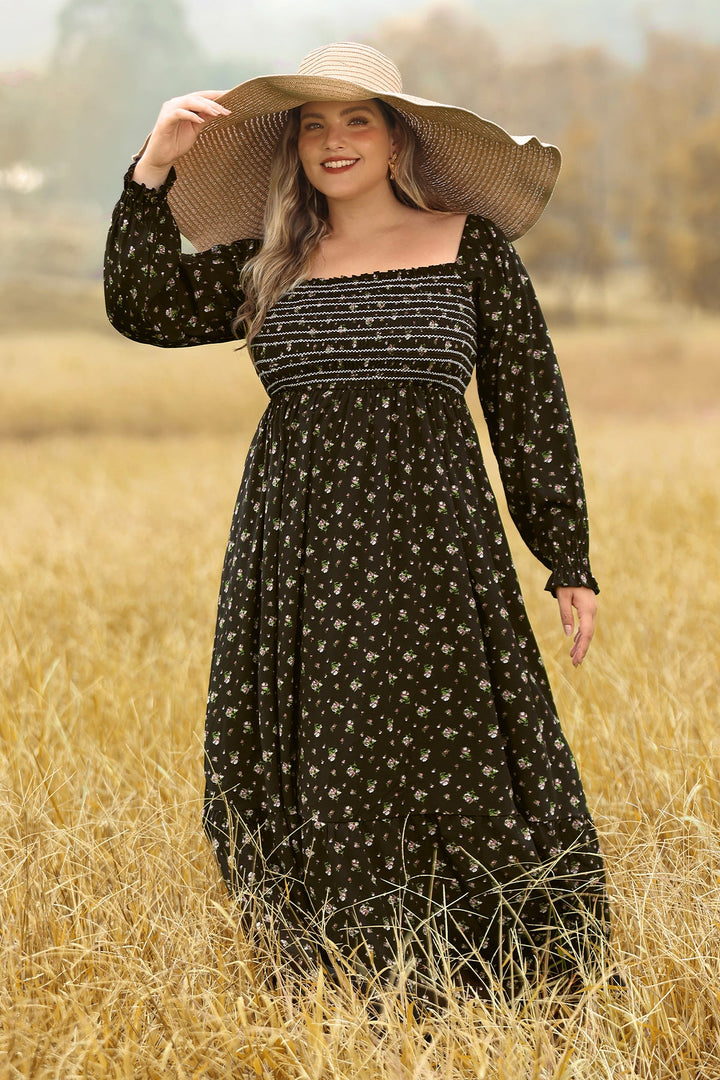 Pocket Floral Print Elastic Waist Shirred Maxi Dress