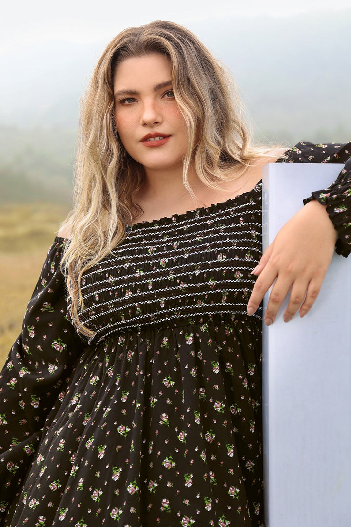 Pocket Floral Print Elastic Waist Shirred Maxi Dress