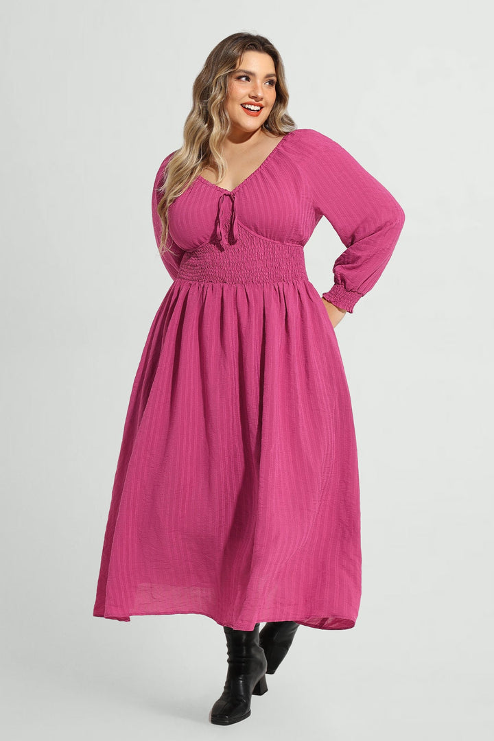 Pocket Adjustable Drawstring V Neck Shirred Maxi Dress