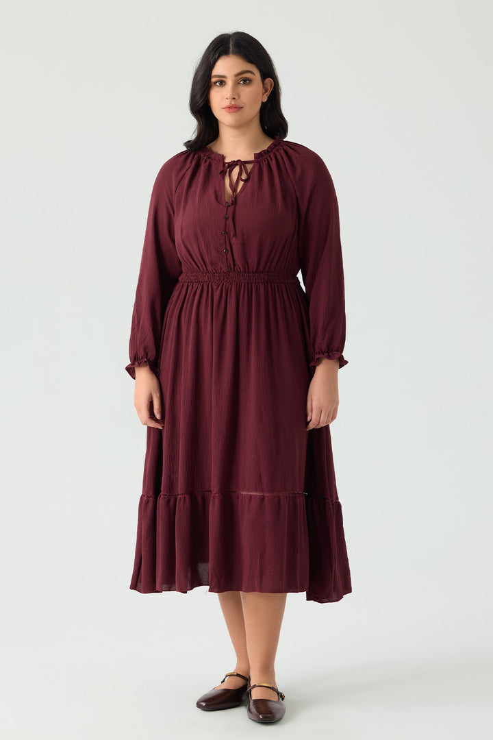 Pocket Elastic Waist Pleated Ruffle Hem Maxi Dress