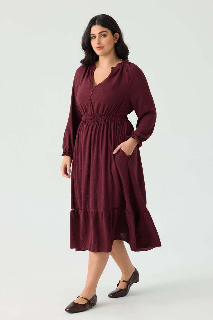 Pocket Elastic Waist Pleated Ruffle Hem Maxi Dress