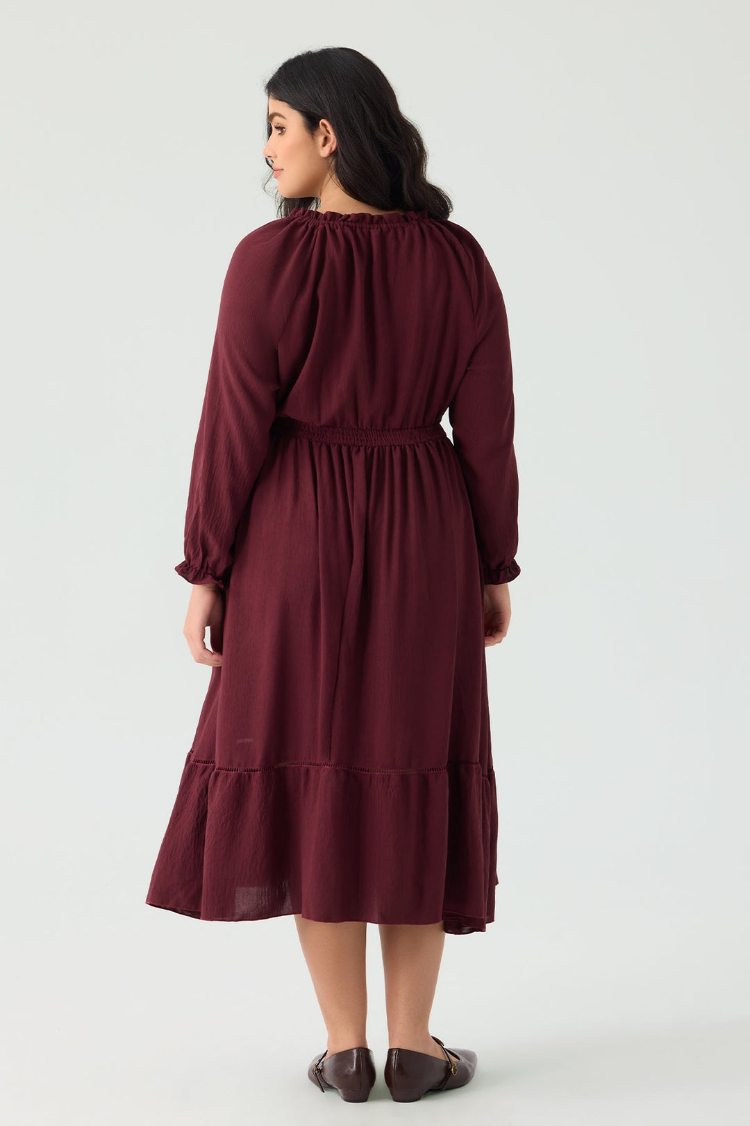 Pocket Elastic Waist Pleated Ruffle Hem Maxi Dress