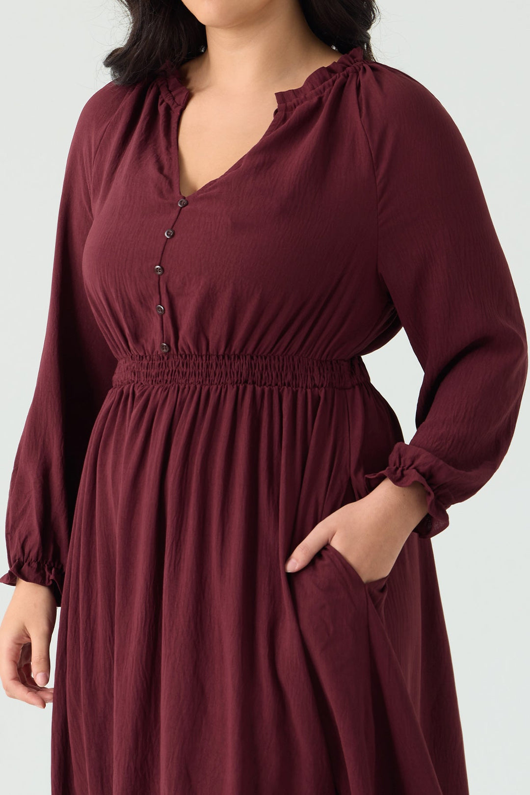 Pocket Elastic Waist Pleated Ruffle Hem Maxi Dress