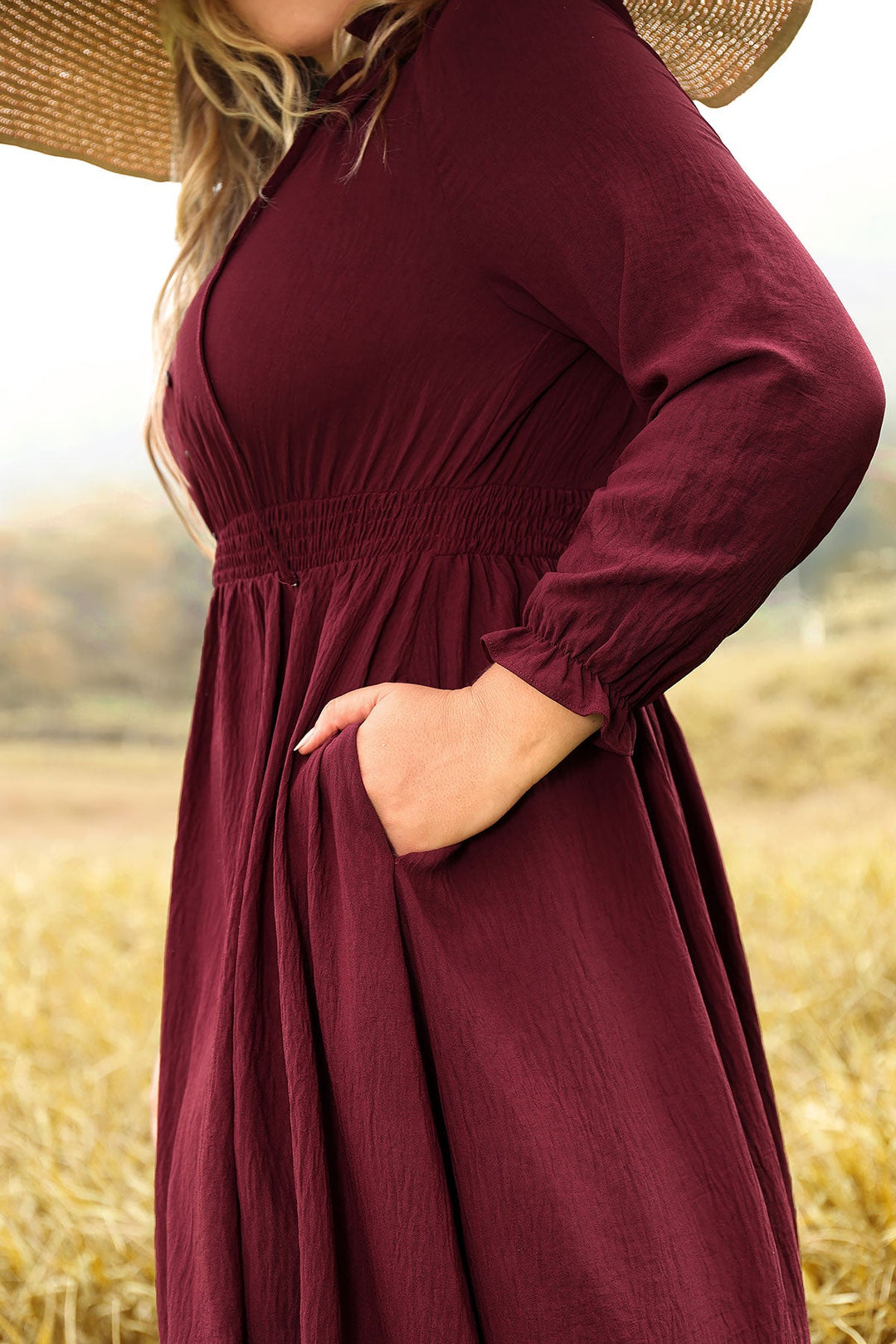 Pocket Elastic Waist Pleated Ruffle Hem Maxi Dress