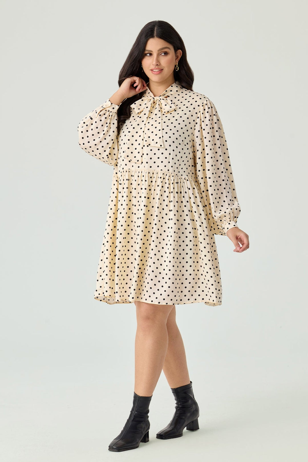 Polka Dot Lantern Sleeve Bow Collar Dress