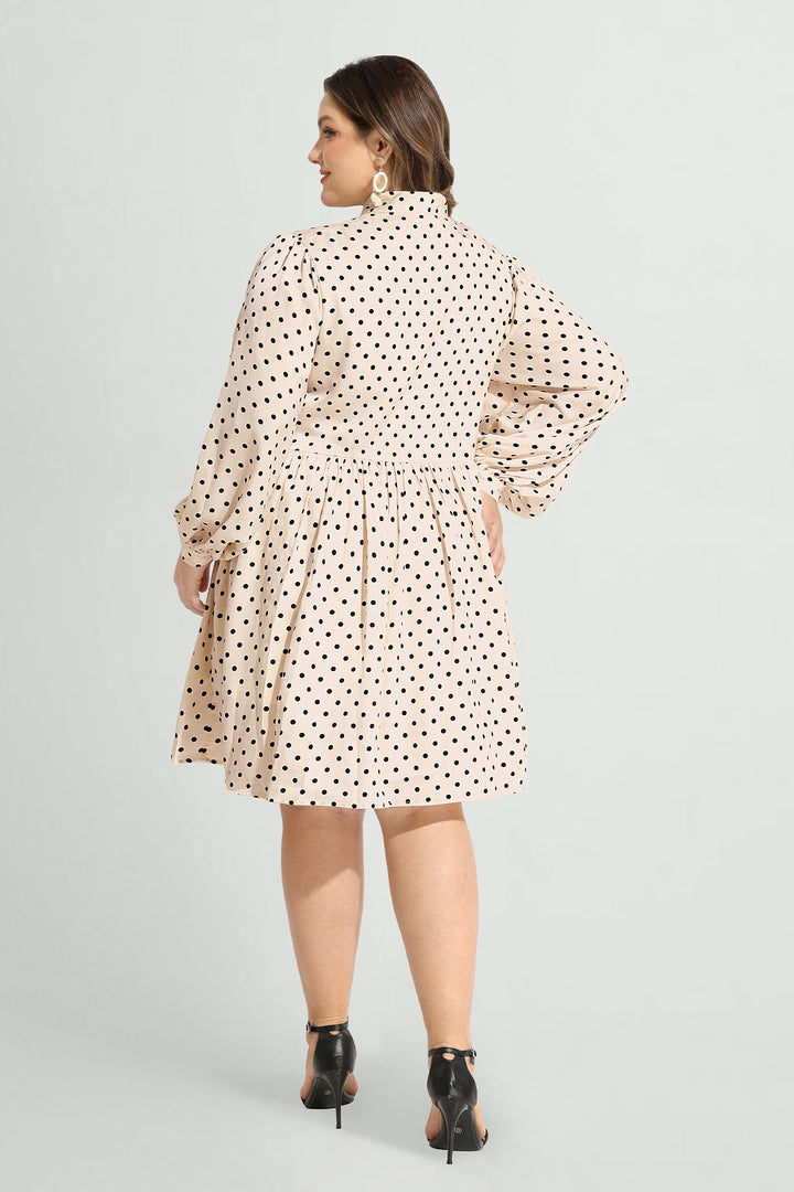 Polka Dot Lantern Sleeve Bow Collar Dress