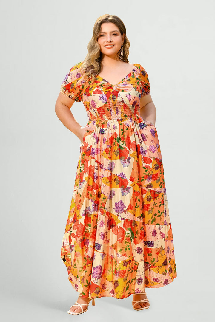 Pockets Patchwork Floral Tiered Maxi Vacation Dress