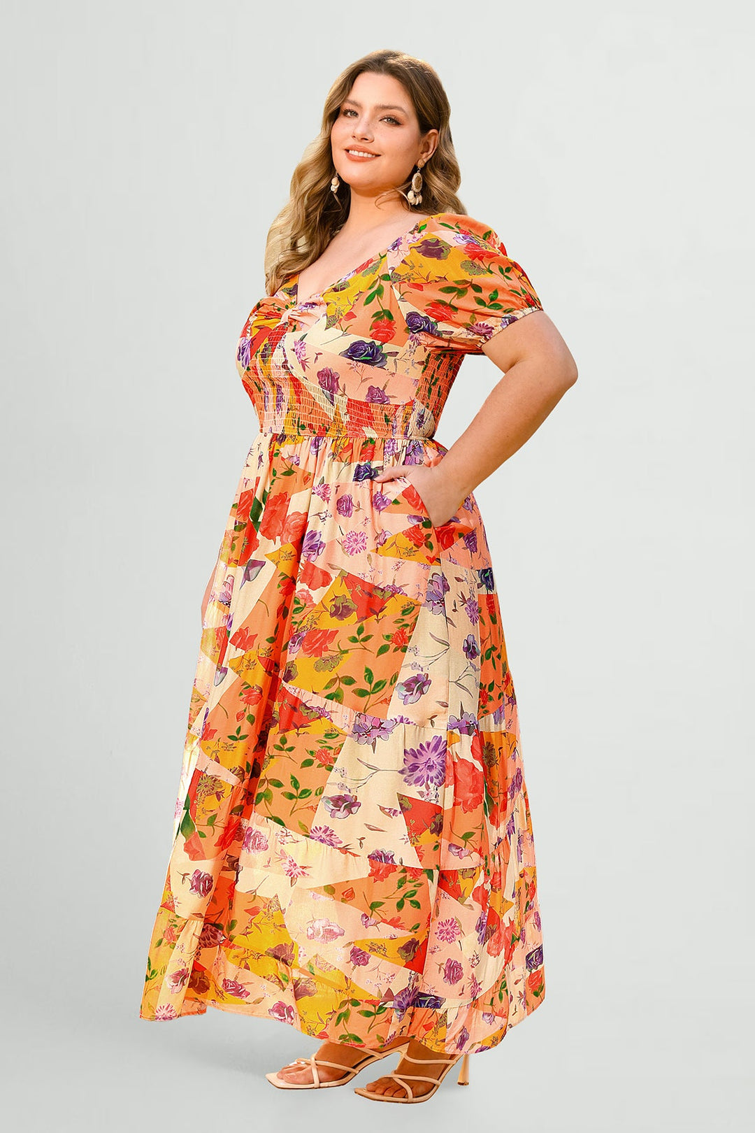 Pockets Patchwork Floral Tiered Maxi Vacation Dress