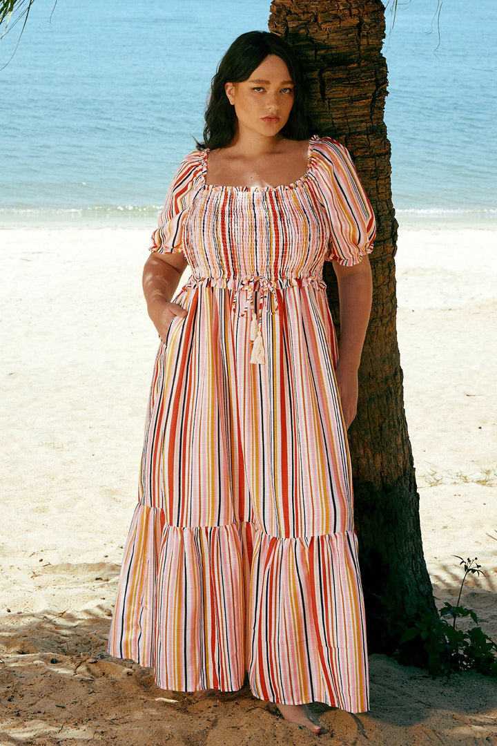 Pockets Rainbow Striped Drawstring A-line Summer Dress