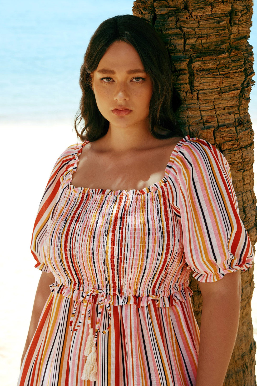 Pockets Rainbow Striped Drawstring A-line Summer Dress