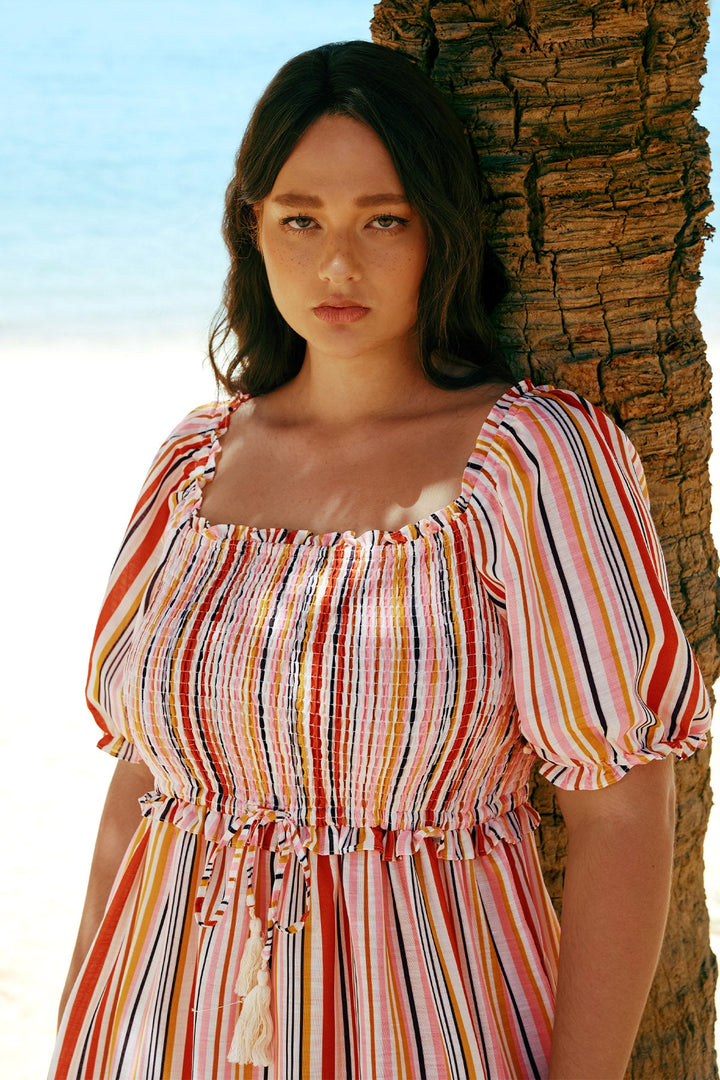 Pockets Rainbow Striped Drawstring A-line Summer Dress