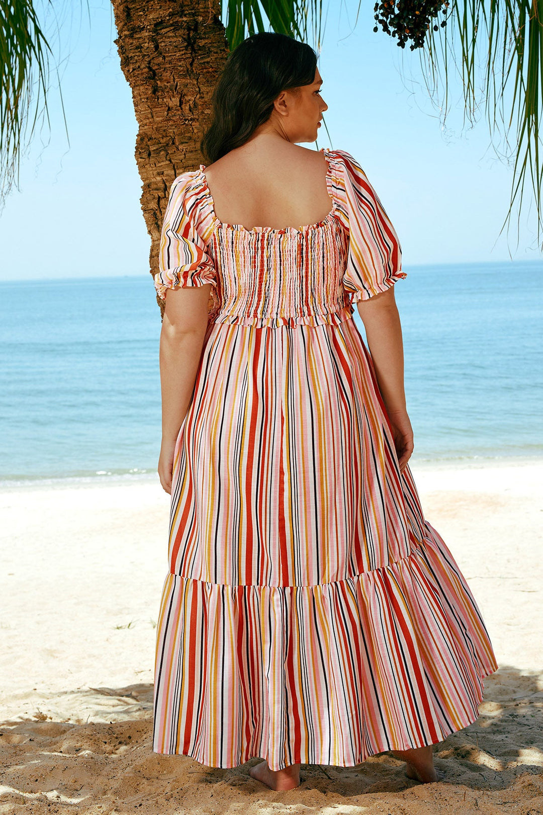 Pockets Rainbow Striped Drawstring A-line Summer Dress