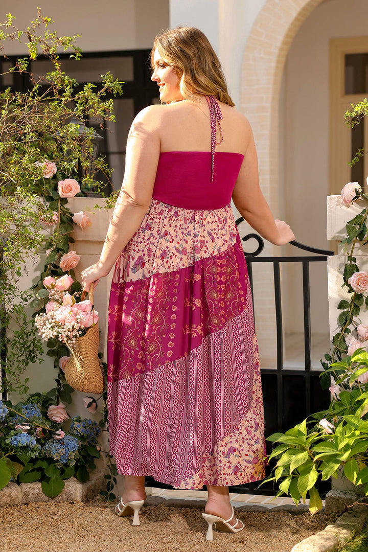 Pockets Boho Print Drawstring Strapless Neck Maxi Dress