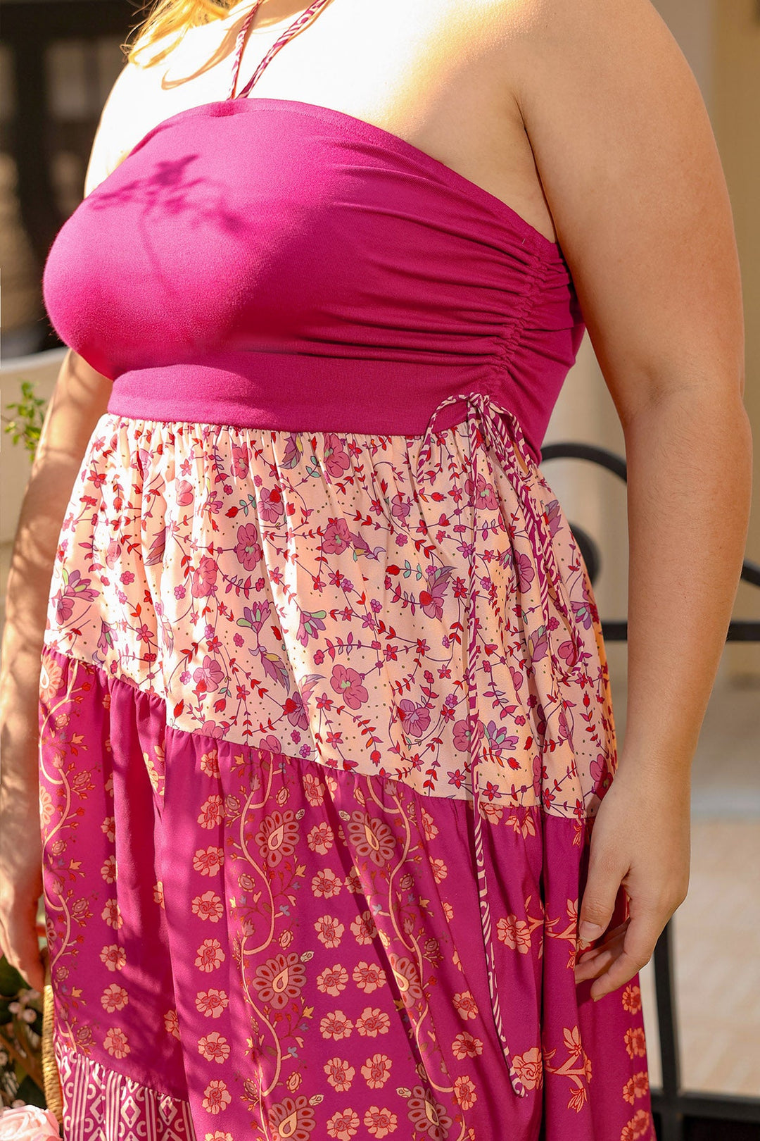 Pockets Boho Print Drawstring Strapless Neck Maxi Dress