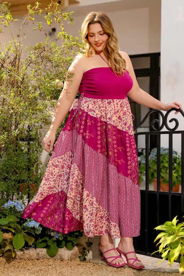 Pockets Boho Print Drawstring Strapless Neck Maxi Dress