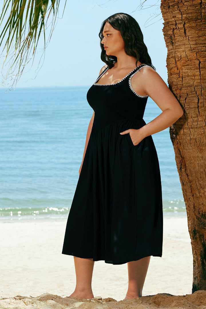 Pockets White Scalloped Square Neck Summer Dress