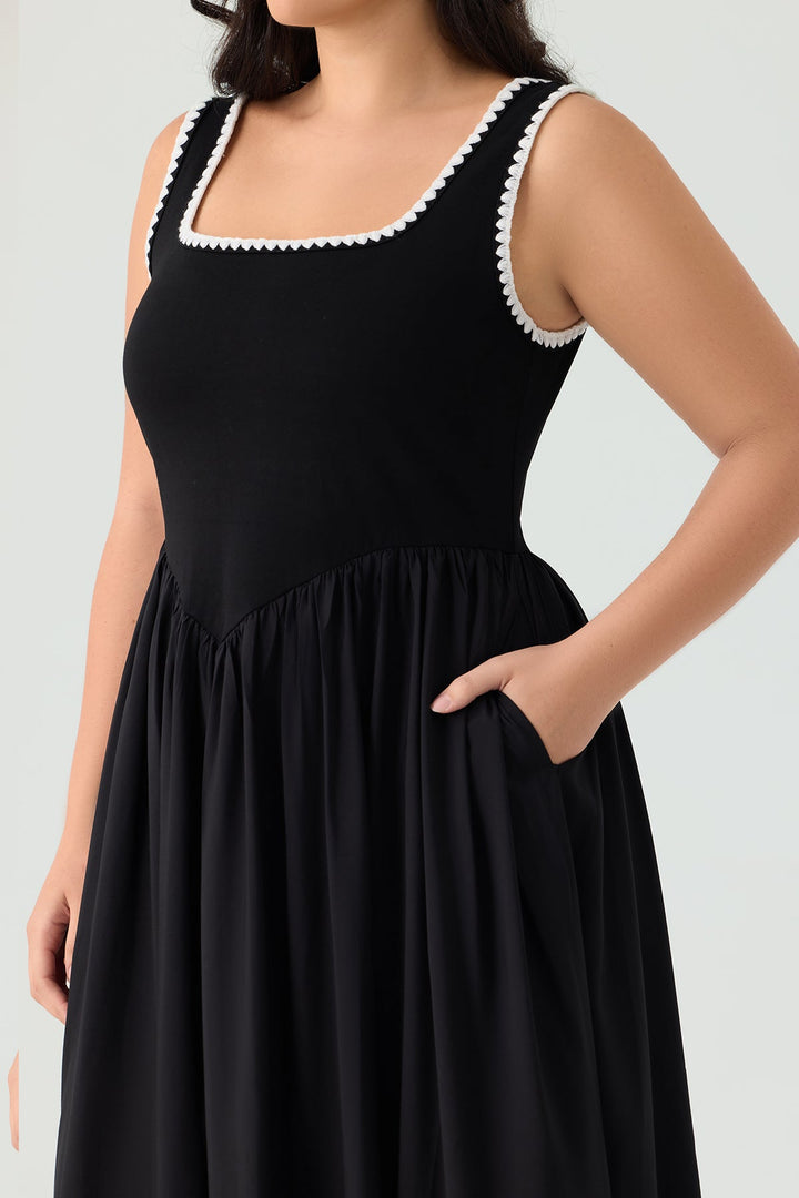 Pockets White Scalloped Square Neck Summer Dress