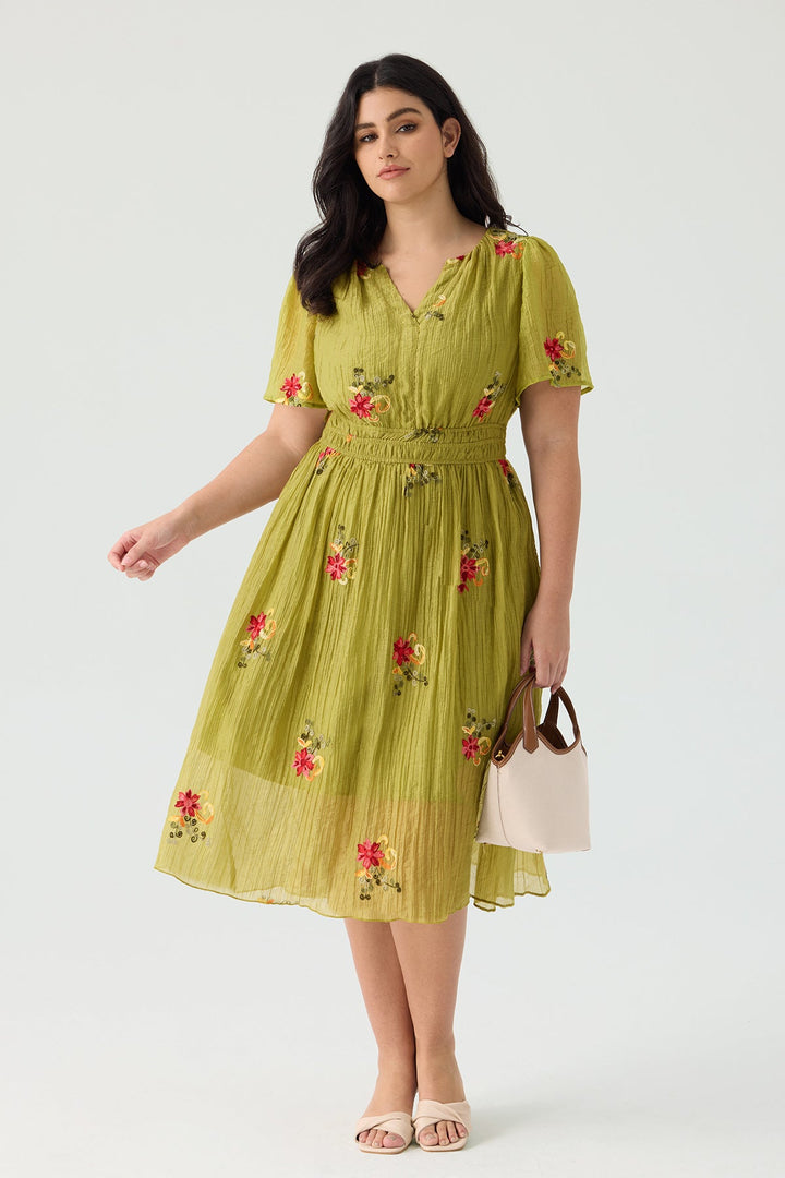Floral Embroidered Smocked Waist Flowy Summer Dress