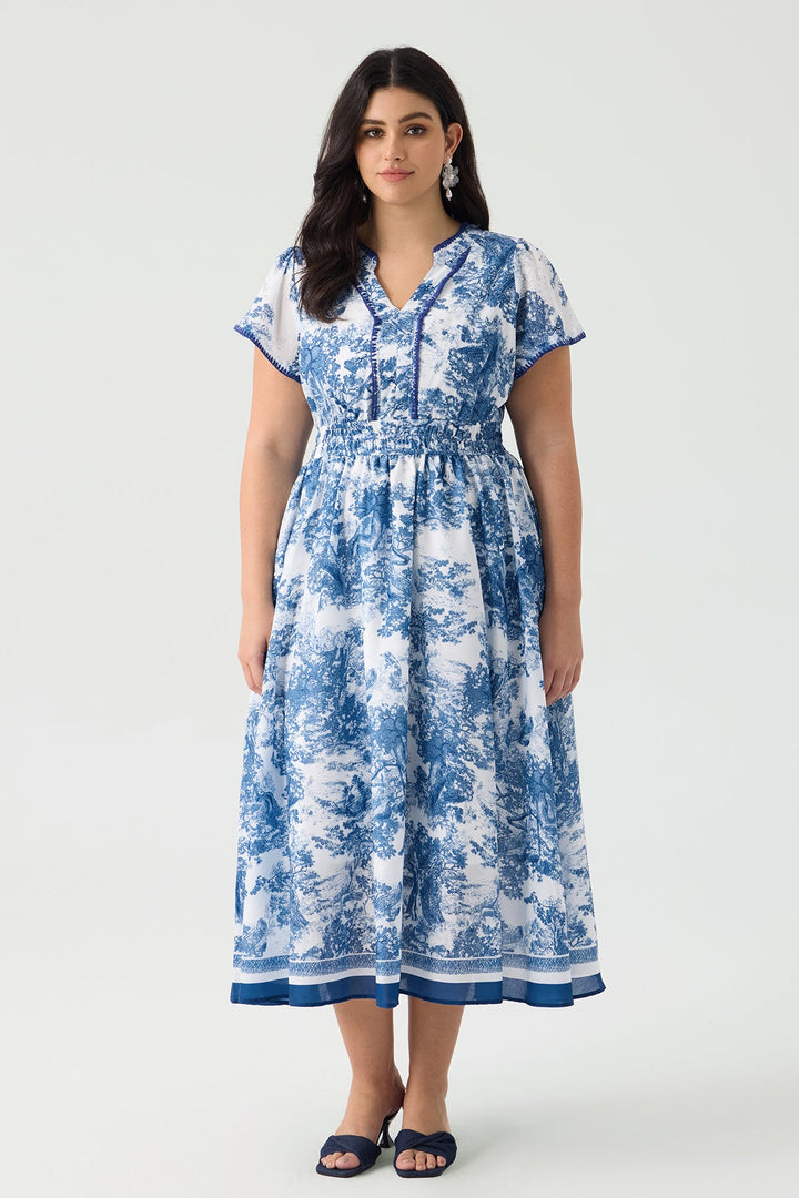 Pockets Chic Smocked Toile de Jouy Midi Dress